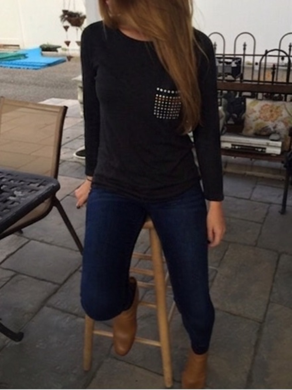 Black Long Sleeve Top with Stud Pocket